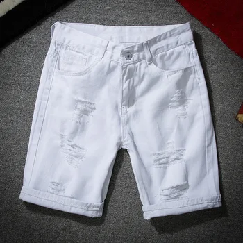 Los hombres Blancos pantalones Cortos de Mezclilla de Nuevo el Verano de los Hombres de Agujeros Cortos Vaqueros de los Hombres de Algodón se extiende Casual pantalones Cortos de Mezclilla