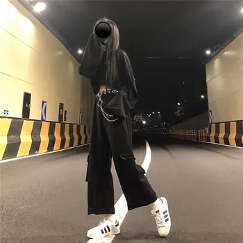 Con La Cadena Suelta Carga Sólida Pantalón Negro Gótico Harajuku Streetwear 2020 Hip Hop Mujeres Pantalones Mujer Pantalones De Pierna Ancha De Bolsillo Coreano