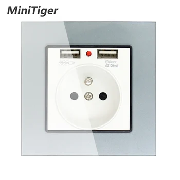 MiniTiger 16A Estándar francés toma de corriente de Pared Con USB de Cristal del Panel de Salida de 2.1 a Dual del Enchufe USB del Puerto del Cargador para el Móvil