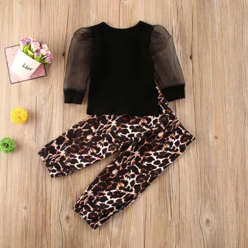 1-6Y Moda de Verano Niño Niñas Conjuntos de Ropa de Encaje Puff Manga Larga Camisetas Tops+Pantalones de Leopardo