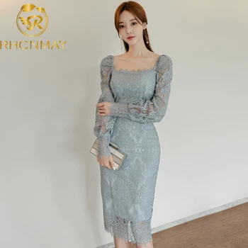 2020 Primavera y Otoño Nuevo coreano de la Moda Temperamento Delgada de Encaje de Costura medio Largo Vestido de Fiesta del Paquete de la Cadera de Encaje Vestidos de