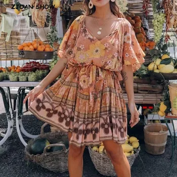 Las mujeres de Bohemia de la Campana de Encaje de cuello V color Naranja de la Impresión Floral Vestido Mini Vacaciones Arco Marea Fajas Llamarada del Manguito de los Vestidos Cortos