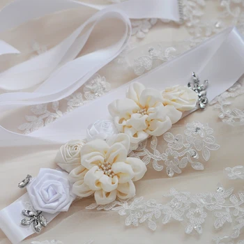 Accesorios de boda Cinturón De Novia con Cuentas 3D Flor Cinturones Para Vestidos de Novia Blanco Marfil de la Boda Cinturones Fajín de Novia Cinturón