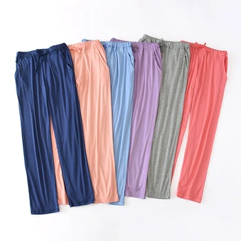 El verano y el Otoño Pantalones de Pijama de Punto de Color Puro Modelo de Dormir Fondos de ropa de Dormir de las Mujeres de Cordón Suelto Delgada Salón Pantalones