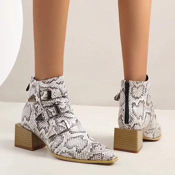 Las mujeres botas de tobillo de la pu/tela del Dril de algodón más el tamaño de 22-28 cm de longitud otoño y el invierno dedo del pie Cuadrado Cuadrado tacón de metal hebilla de zapatos de las mujeres