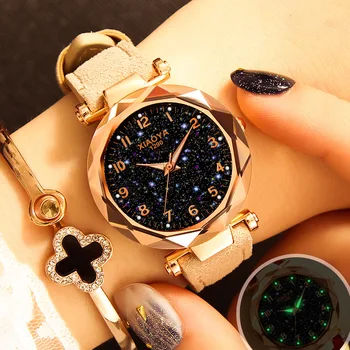De lujo Cielo Estrellado Reloj Para Mujer de la Moda de las Señoras de Cuarzo reloj de Pulsera de Cuero Rojo Impermeable Reloj relogio feminino zegarek damski
