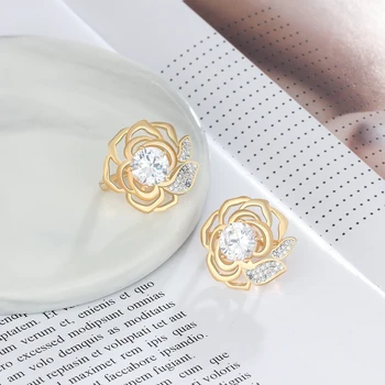 De oro Pendientes de Aro de Cobre Romántico de la Flor del Partido Cubic Zirconia Clásico de la Joyería Para las Mujeres de la Venta Caliente (jewelora EA102937)