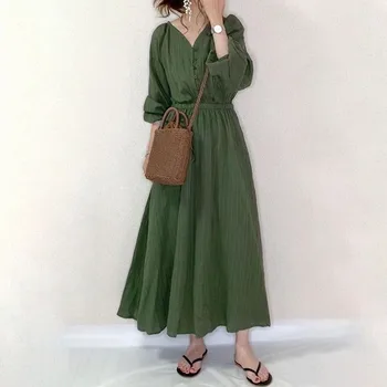 Vestido De Las Mujeres Verdes 2020 Otoño Coreano Janpanese Estilo Femenino De Largo Maxi Vestidos Con Túnica Femme Vestiods Casual Altura De La Cintura Una Línea De