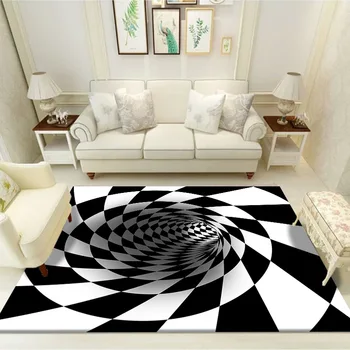 Negro Blanco Alfombra para la Sala de estar de Poliéster Lavable de la Moda de Impresión 3d, Geométrico, Suelo Antideslizante en las Alfombras Dormitorio Mat