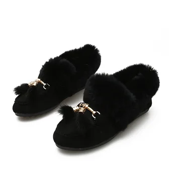 Zapatos de Mujer de Piel de Conejo Pisos Mocasines de Metal de la Decoración de la Ronda del Dedo del pie Zapatos de Invierno Cálido Deslizarse sobre Peludo Diapositivas Más el Tamaño de Negro, de color Caqui