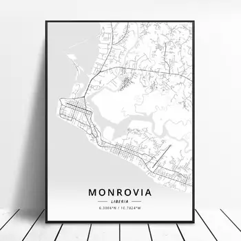 En Blanco y negro de Monrovia, Liberia Latitud Longitud de la Lona de Arte de Mapa de Cartel