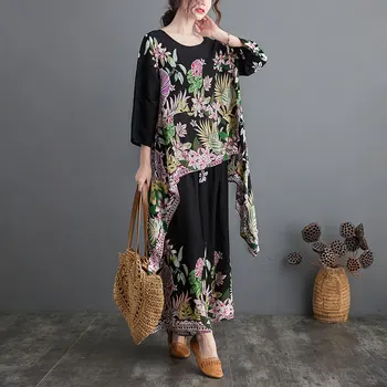 DIMANAF Mujeres de Talla grande Set de Dos piezas de Ropa Indie Folk Floral Oversize Elegante Dama Tops Camisa de Lino Sueltos Pantalones de Verano 2021