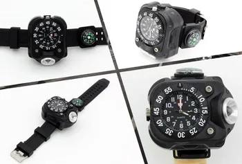 Alto Brillante Táctico Reloj Linterna con Brújula Deportes al aire libre Impermeable Led de Carga USB de Pulsera de Reloj de la Lámpara de la Antorcha