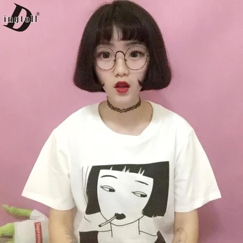 Dingtoll Nueva Moda Smooking Chica de Caricatura Impresa Casual Camiseta de Manga Corta Mujer T-camisa de WMT304