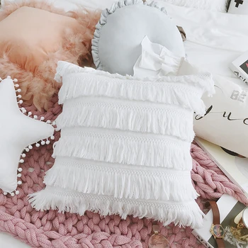 Blanco de la borla de algodón almohada cojín de cubierta de 30X40cm Lumbar Almohada cover girl habitación con cama sofá decoración boho almohada decorativa