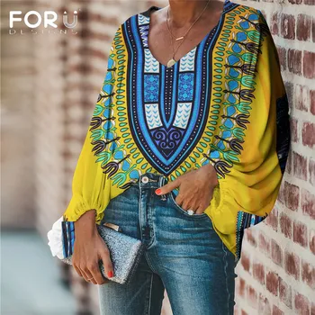 FORUDESIGNS de Gran Tamaño 2020 Mujer Blusas y Tops de África Patrón Casual Suelta Camisa de Manga Larga V-cuello de la Vestimenta Femenina