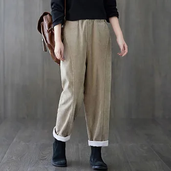 La Mujer Gruesa Caliente Pantalones Casuales Nueva 2020 Invierno Simple De Estilo Vintage De Pana Elástica En La Cintura Suelta Hembra Recto Pantalones S2225