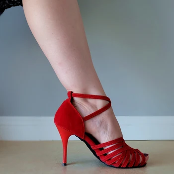 9cm de Metal Talón Rojo Nubuck Cómodo de Baile latino Zapatos De las Mujeres Dedo del pie Abierto Profesional de Salsa de Tamaño NOS 4-12