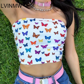 LVINMW Sexy Multicolor Mariposa de Impresión sin Tirantes de la Barra en el Cuello del Tubo de Tops de Moda de Verano de 2019 Mujeres Slim Crop Tops Femeninos Streetwear