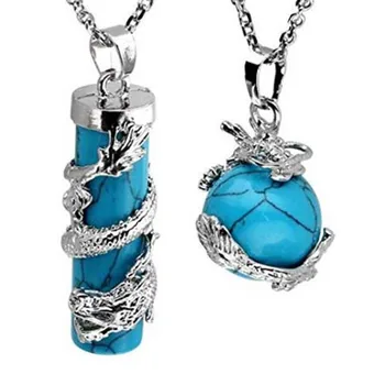 Kraft-perlas de Plata Revestidos de Estilo Chino del Dragón Envoltura Azul Turquesa Pilar de Piedra Colgante Redondo Cordón de la Vendimia de la Joyería