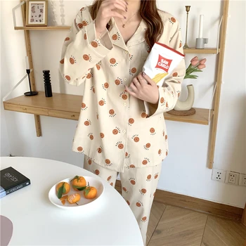 Mujer de Sun de la flor de impresión de pijamas de la primavera de las mujeres de moda de manga larga de algodón pijama conjunto de tops, pantalones, conjuntos de ropa de dormir hogar femme L165