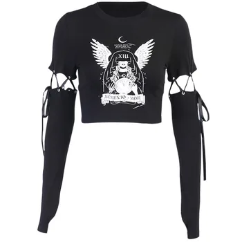 GothGirl Punk de Moda camiseta de Mujer de Manga Larga Hueco de Encaje Hasta la Impresión Gráfica Superior Tees Streetwear Oscuro Negro camisetas Mujer