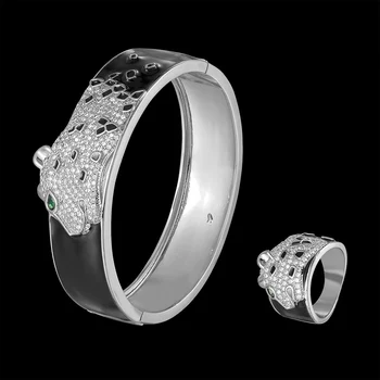 De lujo animal brazalete y anillo de sistema de la joyería de la gota de laca negra efecto de relieve con el micro de circón incrustaciones de Leopardo de la moda de joyería