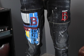 De La Primavera Negra De Los Hombres Pantalones Largos De Moda Jeans De Impresión Macho De Color De Dibujo Pintado Slim Denim Pantalones Jeans De Impresión Jeans