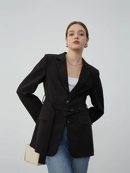 Elegante chaqueta negra mujer otoño ropa elegante espalda split suelto chaquetas chaqueta con cinturón manteau femme