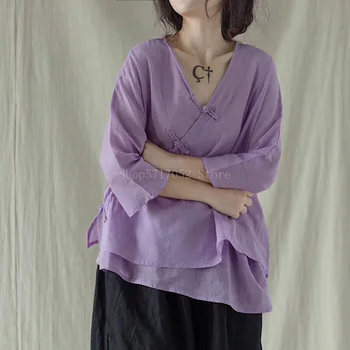 Retro Tradicional China de Ropa para Mujer Ropa de Camisetas de cuello en V de la Vendimia Sueltas de Doble Capa Elegante Hanfu Estilo Chino Tops