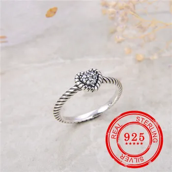 Nueva moda de la auténtica plata de ley 925 anillo de circón incrustaciones en forma de corazón anillo de plata femenina de regalo de boda del amor de pareja anillo