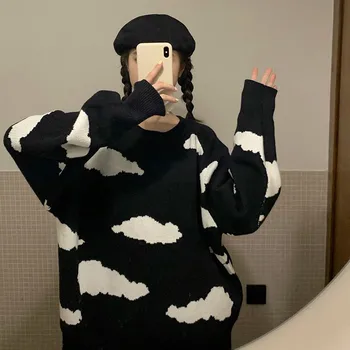 Nomikuma Japonés Causal de Jersey Suéter coreano en la Nube de Manga Larga del O-cuello de Extracción Femme 2020 Otoño Invierno Nuevo Punto Tops 6C736