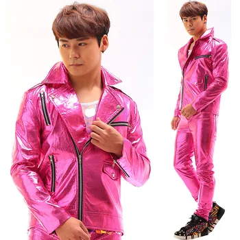 Macho trajes DJ de hip-hop Remache de cuero de la PU masculina chaqueta de cuero, pantalones de ropa de abrigo chaqueta para la cantante bailarina rendimiento de la discoteca bar