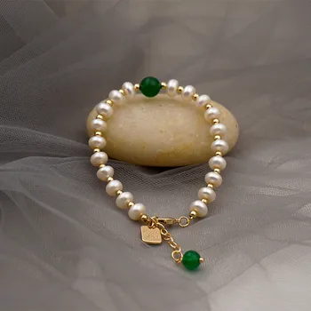 La Moda Vintage Natural de la Perla Pulsera de Mujer de Lujo Verde de la Piedra Natural Brazalete de Corea Joyería de Regalo de Aniversario para las Niñas