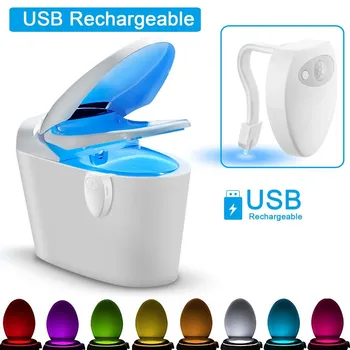 Baño de Luz WC de Carga USB Impermeable de la luz de fondo De la taza de Inodoro de 8 Colores Smart Sensor de Movimiento de PIR LED Luz de la Noche Para el Baño