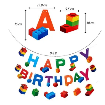 Los Bloques De Lego Tema Feliz Cumpleaños Bandera De La Ducha Del Bebé De La Fiesta De Cumpleaños De Los Suministros De Papel Colgando Banderas Decoración Para Niños