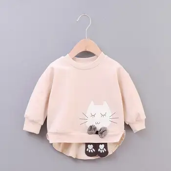 Niña de manga Larga de Color Sólido Suéter 2020 Primavera Otoño Nuevo Bebé de Niña de Algodón'Kitten' Impreso tocando Fondo Camisa Para 3-48 Meses