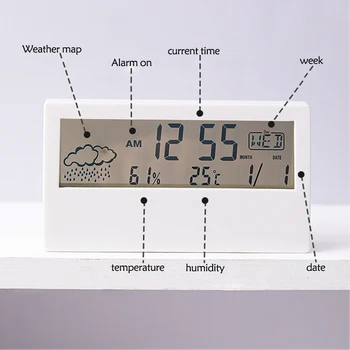 LCD Reloj despertador Transparente de la Pantalla de la Estación Meteorológica despertador Interior Higrómetro Termómetro Previsión Meteorológica Sensor de Reloj