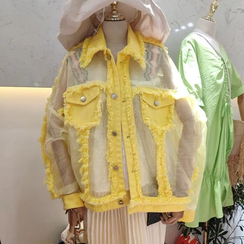 De alta calidad de corea delgado chaqueta de verano de las mujeres de la primavera de encaje Patchwork abrigo Amarillo/rosa/negro/blanco/azul transparente suelto chaqueta P6