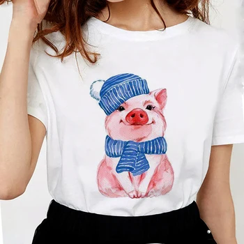 Lindo Cerdito Bandana Pig Camisetas de Mujer de Verano Divertido Acuarela Rosa Shabby Cerdo Impresión de Suave Algodón de la camiseta de las Mujeres camisas Blancas