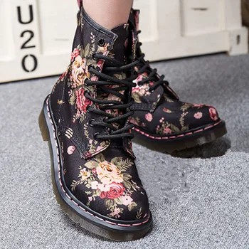 2020 Sonriendo Flor Rosa en el Tobillo Botas de Vaquero Estilo de Mujer Botas de cordones Punk Vintage Otoño Negro Zapatos de las Señoras