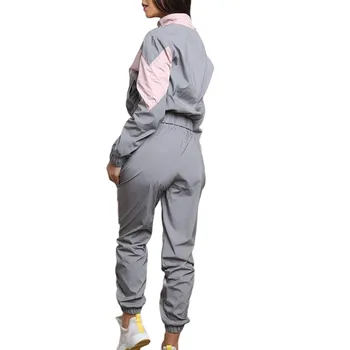 2 Pcs Mujeres Patchwork Trajes, de Manga Larga cierre de Cremallera Superior con elastico en la Cintura de los Pantalones con Bolsillo Casual Reflectante de Chándal