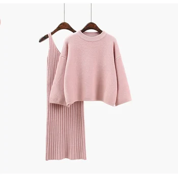 2019 Otoño Invierno de las Mujeres Suéter de Lana Trajes de Dulce de color Rosa Knited Pullover Conjuntos Casual Suelto Superior+Arnés de Cadera Conjunto de Vestido de Mujer Traje de conjunto