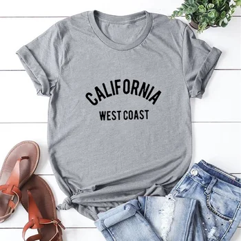 California de la Costa Oeste de la Moda de la camiseta de las Mujeres del Verano del Algodón de la Camiseta de las Mujeres Harajuku O-cuello de la camiseta de la Camiseta de Femme en Blanco y Negro