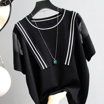 Shintimes Versión coreana Camisetas Casual Suelto de las Señoras Tops de Patchwork Blusa Negra Fina de tejidos de Punto Ropa Blusas Mujer De Moda 2019