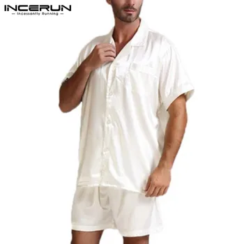 La moda de Seda de Satén Hombres Pijamas Conjuntos Suave ropa de dormir de Ocio, ropa de hogar Tops de Manga Corta Y pantalones Cortos de los Hombres de Pijamas Trajes de Verano S-5XL
