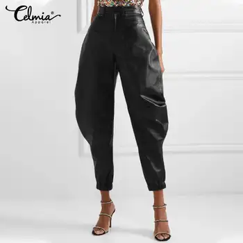 Las Mujeres De Negro Elegante Traje De Pantalones 2021 Celmia Damas Pantalones De Cintura Alta Bolsillos De La Oficina De Las Señoras De La Pu De Cuero Pantalones De Ropa De Mujer 7