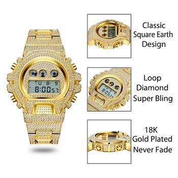 De lujo de los Hombres Relojes de la Nueva Llegada Multifunción Diamante de Hip Hop de Oro reloj de Pulsera de Moda G de Estilo a Prueba de Golpes LED Digital Reloj de Regalo