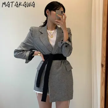 MATAKAWA Vintage Solapa Cuadros de Patchwork Chaqueta Irregular de la Venda de la Cintura se Muestra Fino Traje de pelo Corto Mujeres Blazers 2020