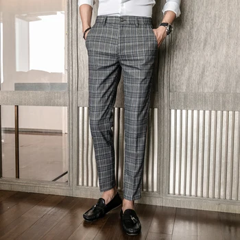 Los hombres del Auto-cultivo de la Personalidad Salvaje Recta Pantalón del Traje coreano de la Moda Casual de Negocios de Rayas de la tela Escocesa de los Hombres de la Moda de los Pantalones
